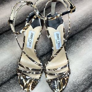 Jimmy Choo Tesca 100 Ocra Mix Snake Printed Fabric Heels Sandals